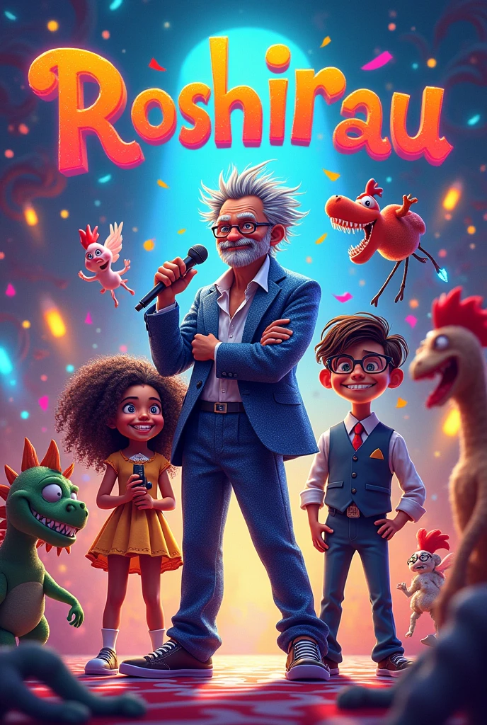 "A lively and chaotic scene featuring the Roshirau family on the cover of a comedy fantasy book. The central figure is Elaino, a tall man with wild gray hair and a brightly colored, sparkling suit, holding a microphone with a mischievous grin. He stands on a stage, surrounded by his ren: Belly, a young girl with long curly hair and glowing shoes, and Miguel, a lanky boy with messy hair and large glasses, holding strange gadgets. Around them are Nino and Cristal, two animated rag dolls dressed as a butler and maid. Nino looks annoyed while Cristal shouts at him. In the background, there's a chaotic mix of interdimensional creatures, floating portals, and confetti, with a giant chicken running from a small, bored-looking dinosaur. The scene is set against a backdrop of a bizarre, colorful mansion with swirling patterns and glowing lights, with an otherworldly, neon-jelly alien named Zog floating in the background, laughing. The titleoshirau: The Most Insane Family in the Multiverse' is displayed prominently in bold, quirky fonts at the top."