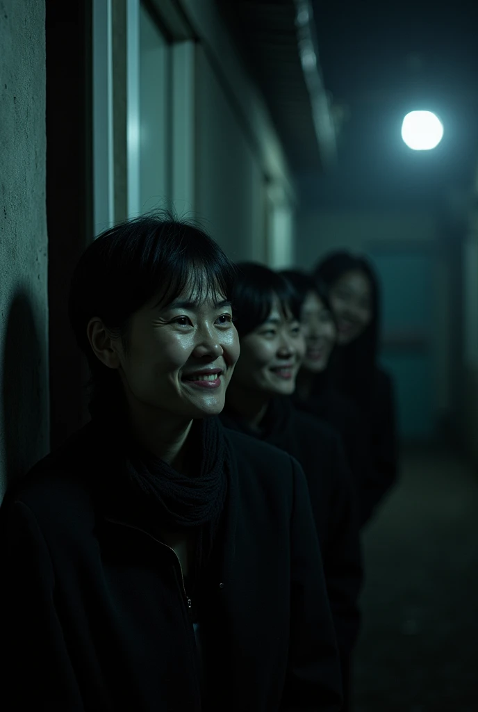 Many people, scary smiles, smiles, smiles everywhere. Ordinary people are lined up. Japanese. The background is night. Men and women. Door scope.