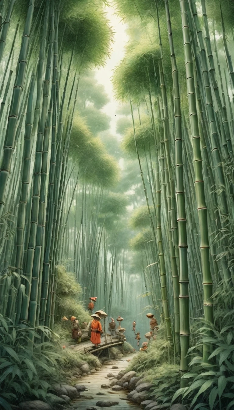 image of bamboo forest, inspired by W. Heath Robinson, best quality, masterpiece, Ultra high detail, 8k