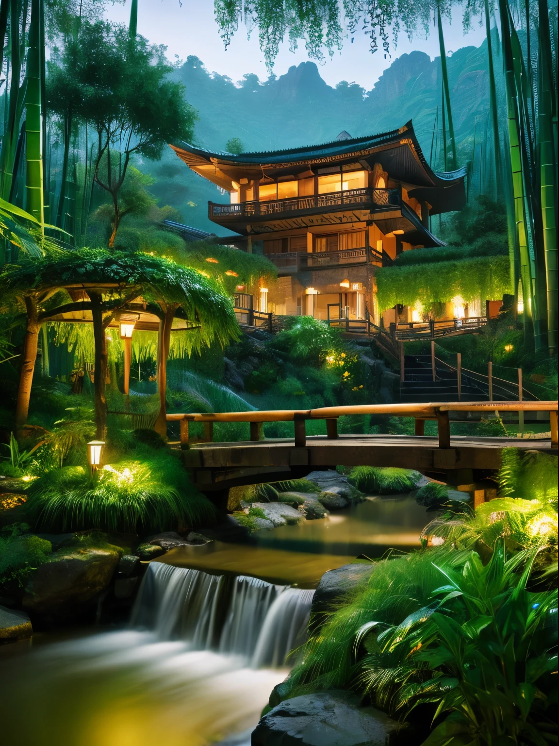 Fantasy Jungle, Bamboo Tree Fantasy, Long Bamboo Trees, Realistic, Consumption Environment, Artificial Intelligence, Artificial Water Source, Bridge connecting two distinct locations surrounded by a bamboo forest, Night view, 8K highest quality, AMD FidelityFX Super Resolution 3, Rendered with Nvidia RTX DLSS 3.5