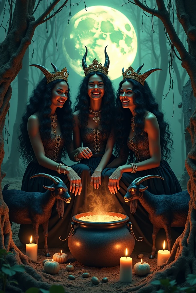 Africanas Nude, with long curls, Three women together black skin, evil laughter, sitting, swamp forest, corona, Nude, calaveras. candles, trident, full moon, Nude, blood , preparing potion in a cauldron. fire , Nude, black goats, jovial laughter, crowns, jewelry , throne, naked , cemetery