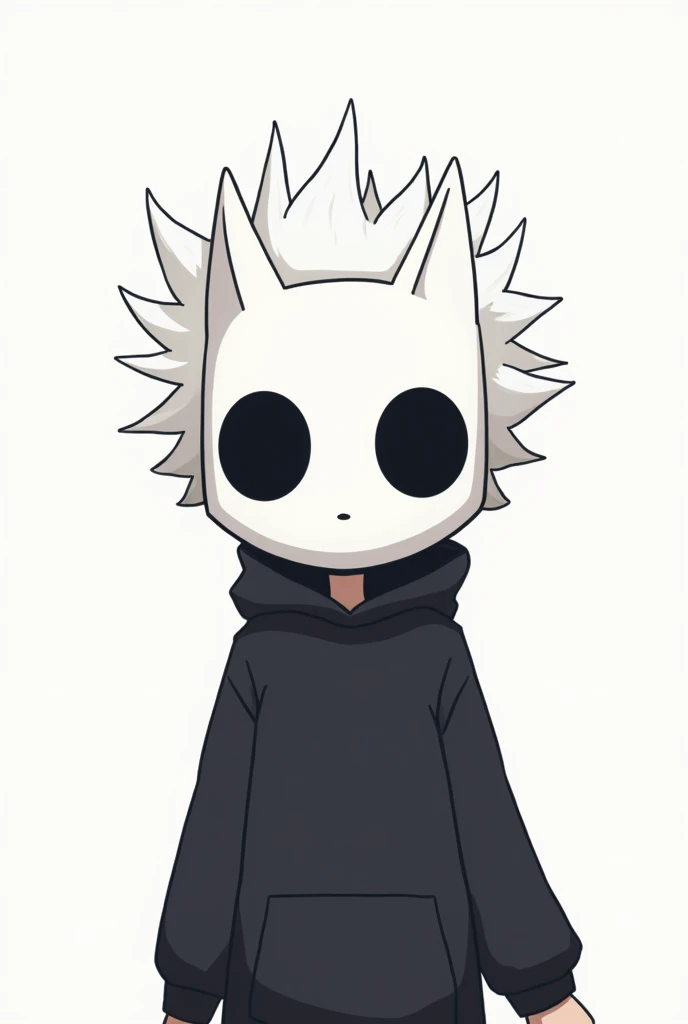 Wearing a white mask that hides the face with a dark space in place of the eyes. Wolf CUT style white hair.  Hollow Knight. İcon, profile layer, minimalistic, アニメ, Chibi minimalistic mini personagem 