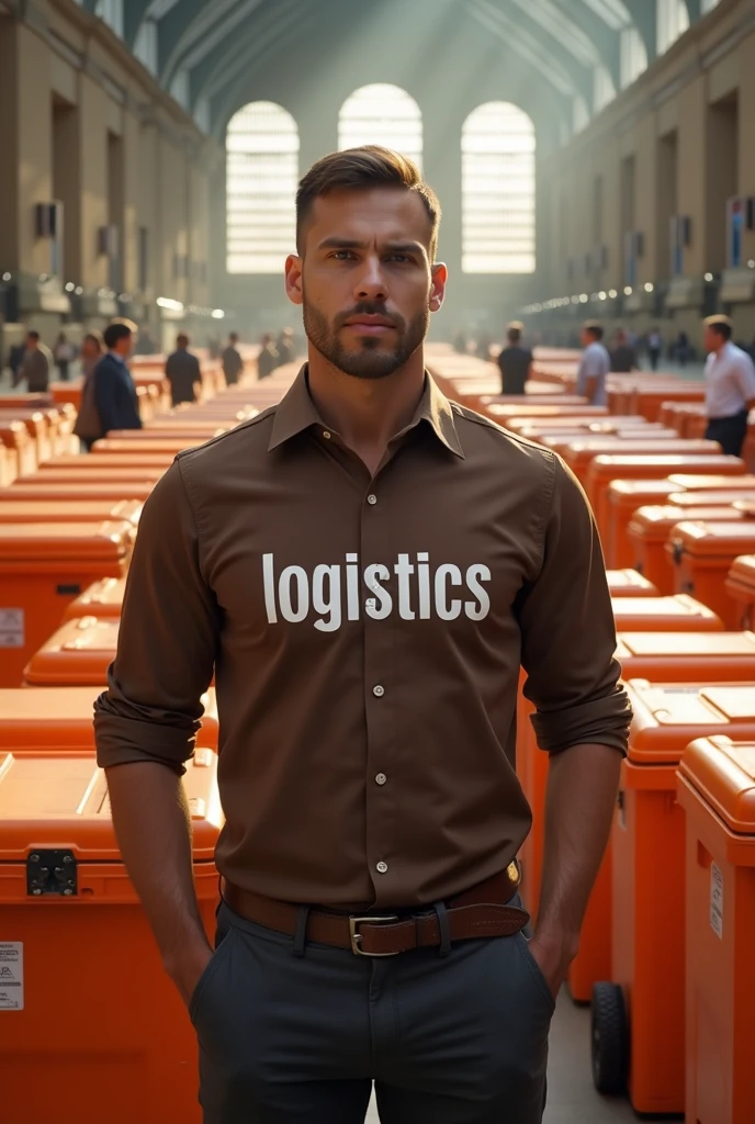 A man wearing a brown shirt with the word 'logistics' written on it (6 yk),surrounded by many large orange coolboxes ,at a train station