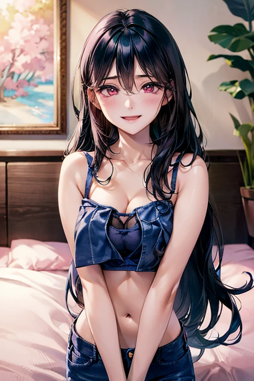 ((((blue bra)))), Very detailed、highest quality、Best image quality、masterpiece、8k、Anime Face、A kind smile、Open Mouth、((black long hair:1.5))、huge breast, sexy、 beautiful body 、Cowboy Shot, Sexual Intercourse, ((pink eyes)), hotel bedroom, ((( Jeans))),