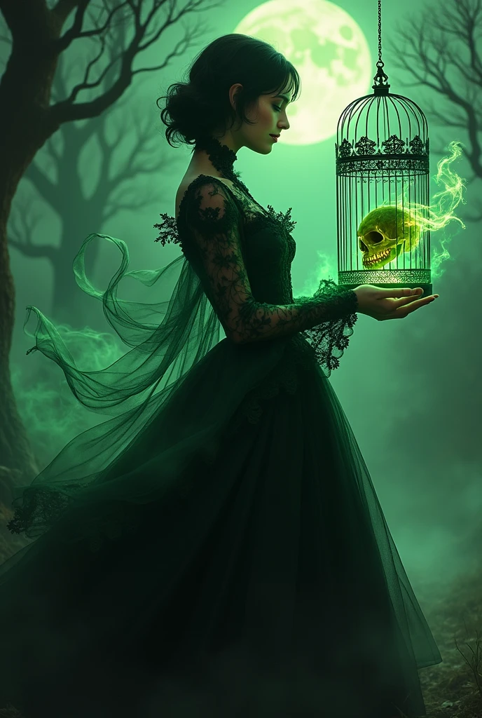 A crazy smiling black normal haired woman with black victorian dress, with a floating birdcage that has a sadistic green fire skull insted of a bird inside, and the girl has evil green magic, just make her in the image white