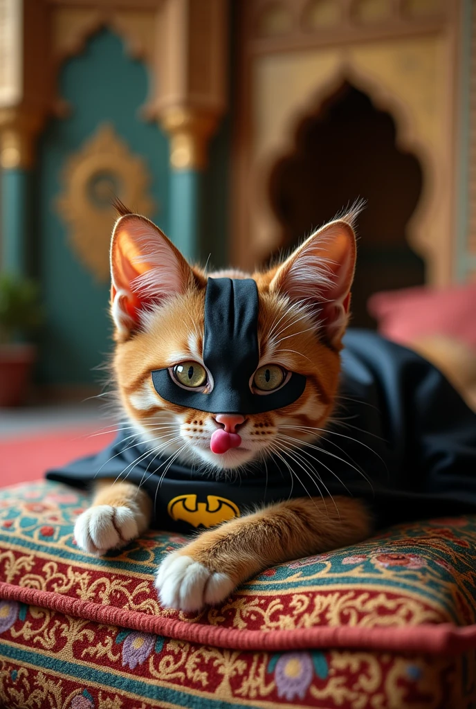 Make me a cat(animal) Moorish style, lying down, with the Batman costume and mask, and with your tongue out