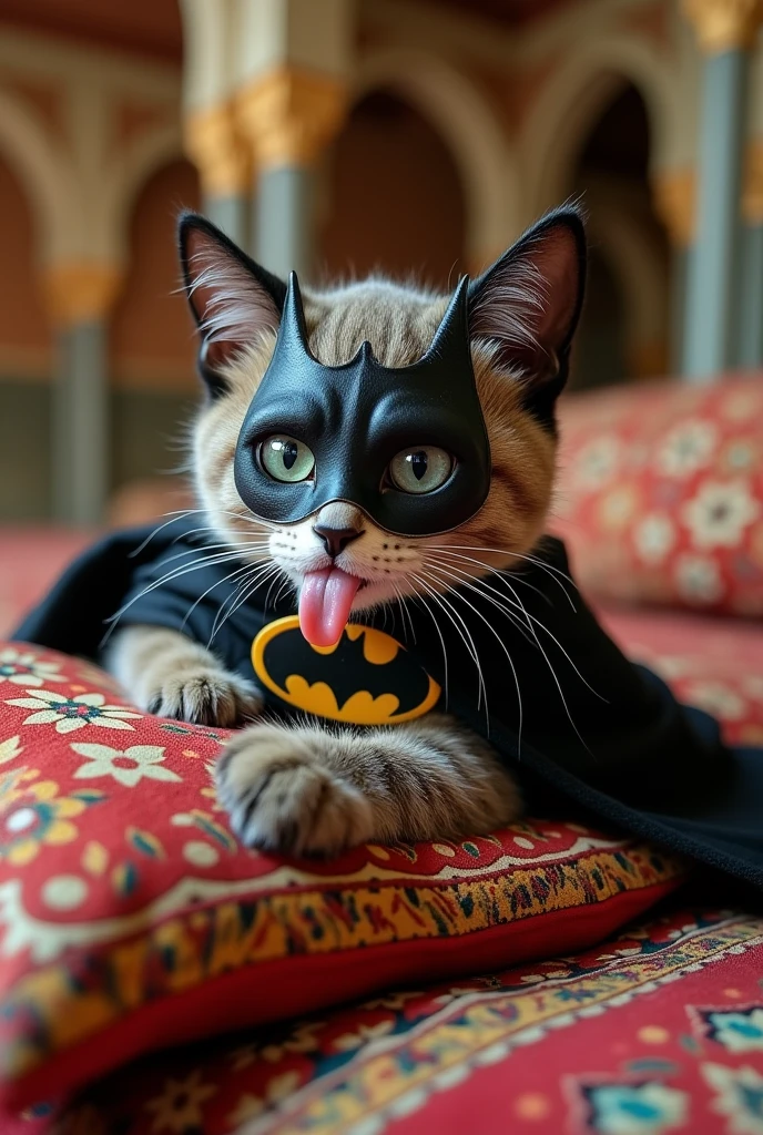 Make me a cat(animal) Moorish style, lying down, with the Batman costume and mask, and with your tongue out