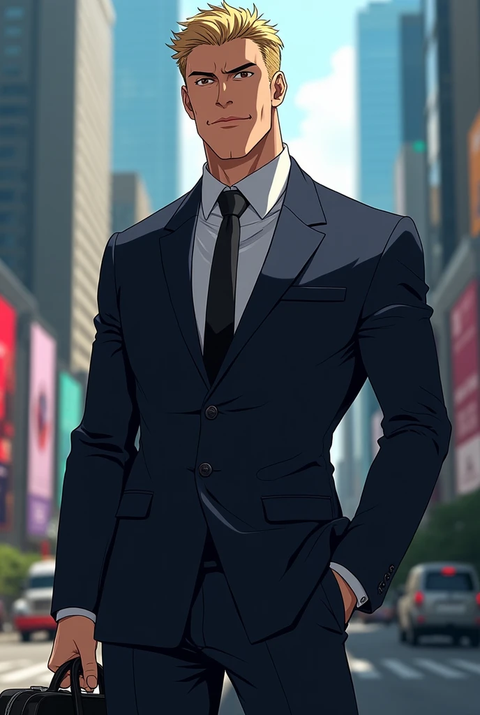 Image Description:
Create an image of a male character with the following characteristics:
Physical appearance:
cos: The character should have the physical appearance of Nanami Kento from the anime "JUJUTSU KAİSEN". This includes a muscular and well-defined body, with a strong and robust posture, reflecting the physical build of the character in the anime.
Clothing & Accessories:
suit and tie: The character is dressed in an elegant dark suit, well adjusted, and a tie in a complementary tone. The suit should be classic and impeccable.
suitcase: The character holds a black leather briefcase, conveying a sense of sophistication and professionalism.
Face and Expression:
Rosto de Saul Goodman: A face do personagem deve ser a de Saul Goodman, from the series "Breaking Bad". Include the distinctive facial features, such as the shape of the face, the eyes, and facial expression. The expression must be confident and charismatic, with a smile that conveys confidence.
body hair e Outros Detalhes:
body hair: The hair should be styled according to Nanami Kento's look, with a light color and texture that reflects the anime style.
Additional Detail: The setting could be a corporate environment, like a modern office or a big city street, to complement the character's professional image.