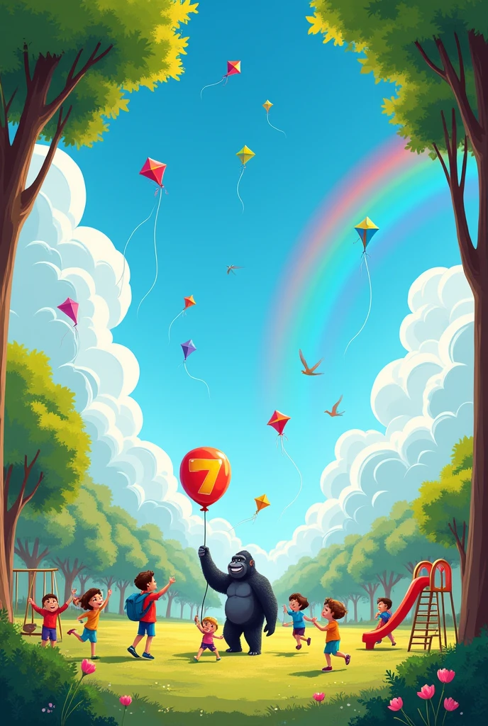I,act seen from afar of children playing in the park, flying a kite, on a slide, BLUE SKY, rainbow, TREES, birds flying, In the background of the image, a giant gorilla and its happy cub emerge from behind the clouds, holding a balloon shaped like the number 7.