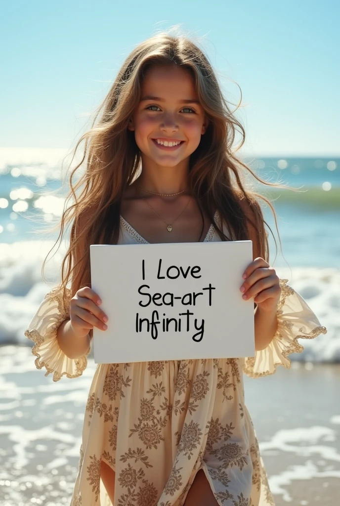 Beautiful girl with wavy long hair, bohemian dress, holding a white board with text "I Love Seaart Infinity" and showing it to the viewer