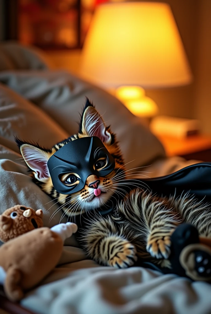 Make me a baby cat (animal) lying down with its tongue sticking out wearing a Batman costume in a room with short fur sleeping and wearing a Batman mask, a tabby cat with its eyes closed