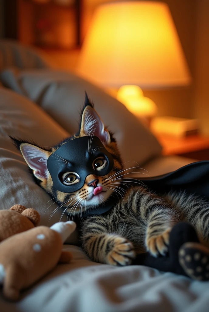 Make me a  cat (animal) lying down with its tongue sticking out wearing a Batman costume in a room with short fur sleeping and wearing a Batman mask, a tabby cat with its eyes closed