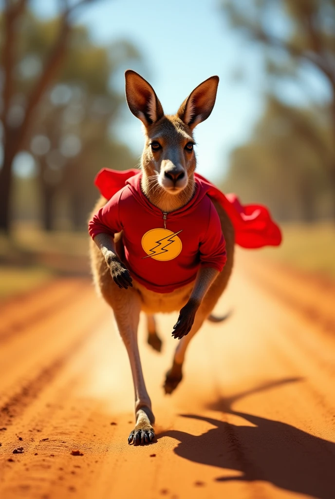 Un kangourou portant le costume de Flash de profil en train de courir