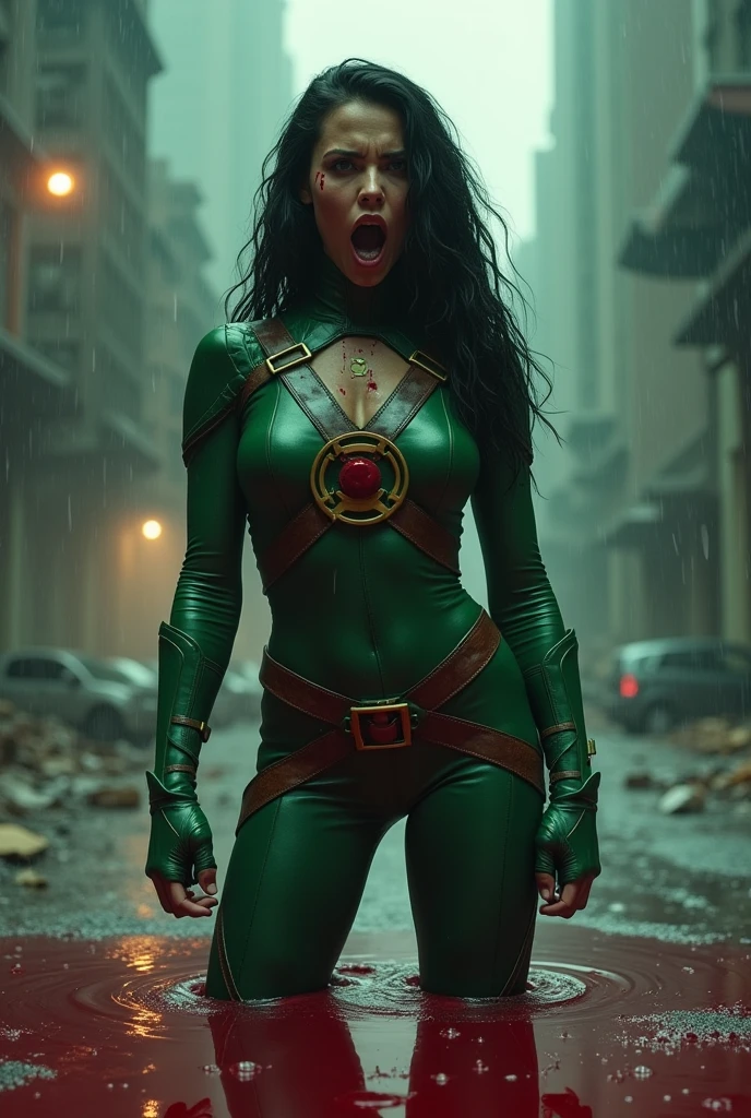 A beautiful fair-skinned woman Jessica Cruz under the mantle of Green Lantern, wearing a green leather jumpsuit with a Green Lantern emblem, brown thick straps over her torso, white knee-high boots and gloves, shouting exhausted after a battle, blood around her, reflection of her in her blood, disturbing and bloody images, Green Lantern fleur-de-lis, long black hair, a lot of blood on her hands and the ground, apocalyptic and rainy city 