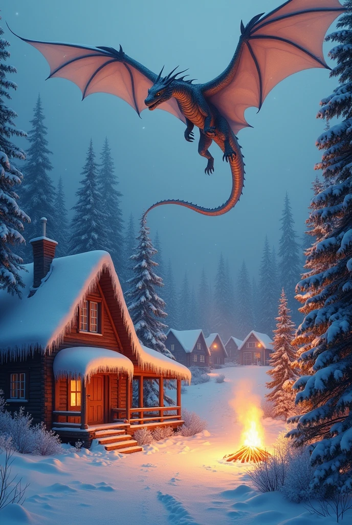 Beautiful art style,dragon,8K,Great scene,The cold northern forest,village,winter,Snow Scene,Heavy snow,bonfire