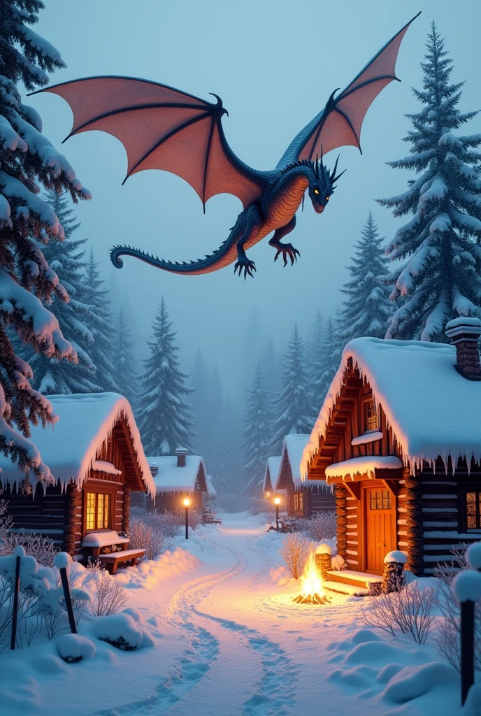Beautiful art style，dragon，8K,Great scene，The cold northern forest，village，winter，Snow Scene，Heavy snow，bonfire