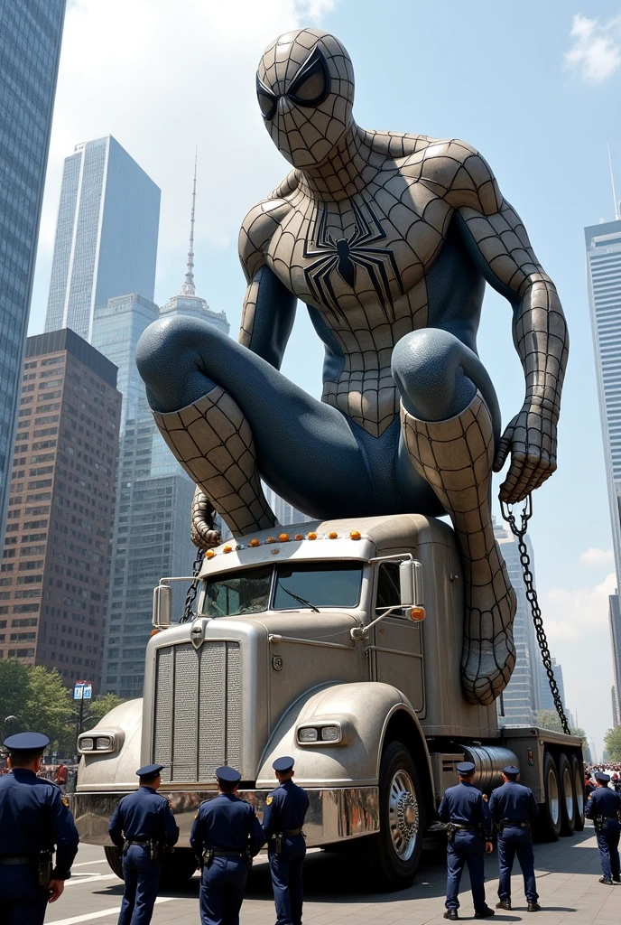 A big and haus sized Spiderman stachu loaded on high tech truck and stachu bind with thin iron chainon a high tech truck and many police man standing around the stachu