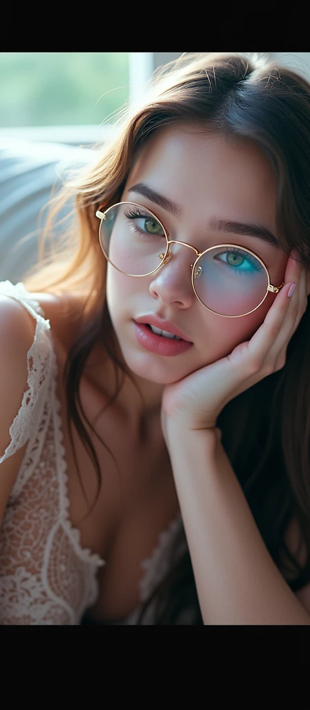 young woman, 19 years and 1,63 tall with very long light brown hair, greeneyes,wearing a short, transparent babydoll without underwear, with round, gold rimmed glasses, medium breasts and Big Ass, a little chubby doing a very sensual pose showing her whole body and with a slightly round face