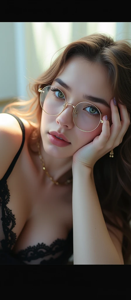 young woman, 19 years and 1,63 tall with very long light brown hair, greeneyes,wearing a short, transparent babydoll without underwear, with round, gold rimmed glasses, medium breasts and Big Ass, a little chubby doing a very sensual pose showing her whole body and with a slightly round face