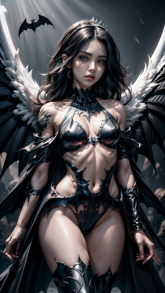 20 year old woman, shiny black, straight, Two meters long, (Hyperfade:1.3), Dark theme, soothing color tones, muted colors, high contrast, (The skin texture is natural.., Surreal, soft light, sharp), big breasts, big breast, Eye-Catching Pose, ((Perfect dynamic composition:1.7, Detailed tattoos specific to the body:1.3)), Highly detailed skin and face:1.3, Details of the limbs, Wings on the shoulder, Angel wings and devil wings, White wings and black wings, (Realistic picture, highest resolution), The beautiful face with a calm and elegant expression, Completely gone, (A demon god with wide wings and enormous power on his shoulders., Twelve wings on the shoulders, black bat wings:1.2, white angel wings:1.5), 6 angel wings, 6 devil wings, (สาวสวยผมTwo meters long, Shiny black hair, Smooth white skin, Lips are very red.), ((stand, เรียบร้อยalready)), (big breasts, big breast), (gigantic breast, breast augmentation, Breast 400 cc., small waist, hips raised, small thighs, Long legs), (dynamic poses), (Armor that slightly covers the body), Separate theme, (Angel wings and devil wings), floating in the air above the ground, background darkness, Embraced with twelve wings, He with a crown-like radiance, Those who have light, Wearing little armor, Energy comes out of the body., sparkling wings, White light, black light, Amazing wings, beautiful posture, 8K resolution, Resolution 4000 x 2250 pixels, beautiful posture, Angel wings and devil wings, (Realistic picture, highest resolution), (A demon god with wide wings and enormous power on his shoulders., Twelve wings on the shoulders, black bat wings:1, white angel wings 3 อัน:1.5), Angel wings and devil wings, White wings and black wings, Angel wings and bat wings, Wings between wings, 12 Wings, 6 angel wings, 6 bat wings, Angel wings and devil wings, White wings and black wings, (สาวสวยผมTwo meters long, Shiny black hair, Smooth white skin, Lips are very red.), My hair is very long., ((stand, already)), (big breastsโต, big breastโต), (gigantic breast, small waist, hips raised, small thighs, Long legs), (dynamic poses), (Black and white tight dress, There are beautiful patterns., Decorated with gold embroidery, Show off your body to the fullest, Lots of diamond jewelry), Tight-fitting outfit, Short film set that reveals the body, (Wings of God and Demon), Very full and plump breasts, Overflowing breasts,
