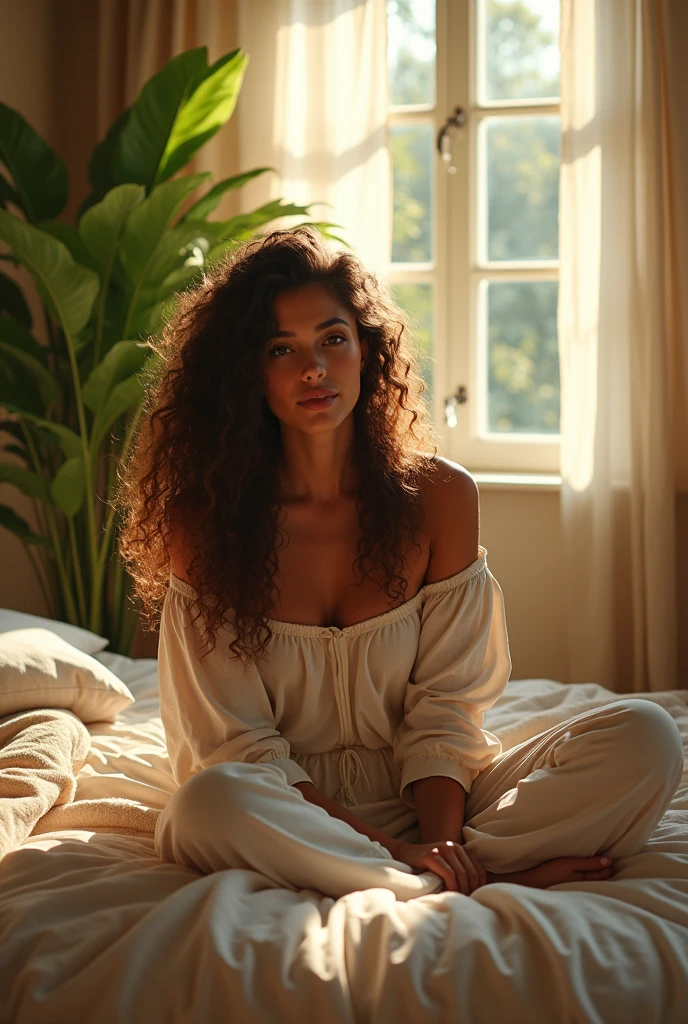 (photorealism:1.2), beautiful woman, sitting on bed, wearing loose off-shoulder top, pajama pants, long curly hair, indoors, soft lighting, plants in background, window with sunlight, cozy room, relaxed pose, realistic, intricate details, warm colors, by Greg Rutkowski, by Alphonse Mucha