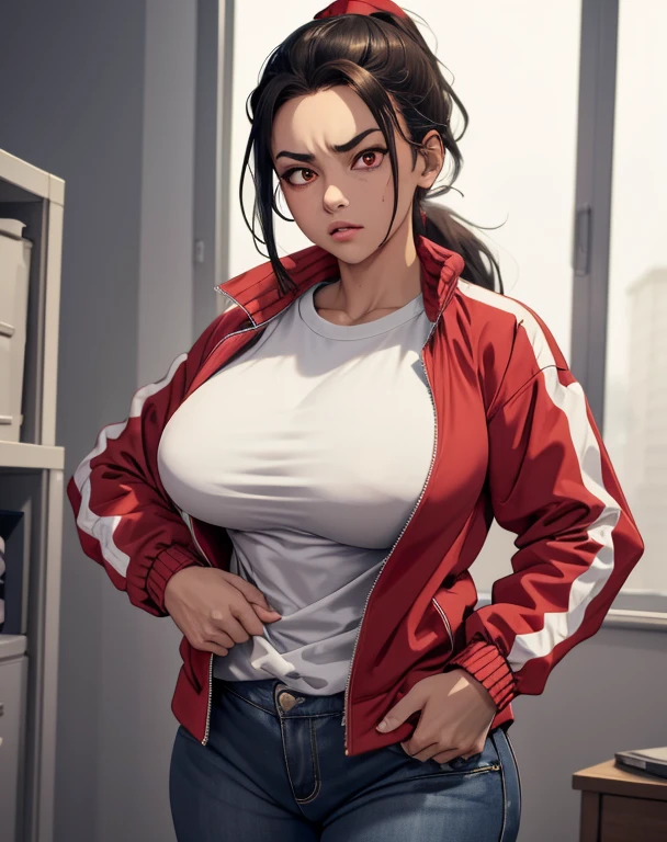 (best quality), (masterpiece), 1 girl, early 20's, huge heavy , busty, breasts, thick lips, wide hips, thin waist, clothes tug, jacket tug, track jacket, undersized jacket, small jacket, white shirt, ponytail, red eyes, black hair, struggling to zip jacket, annoyed