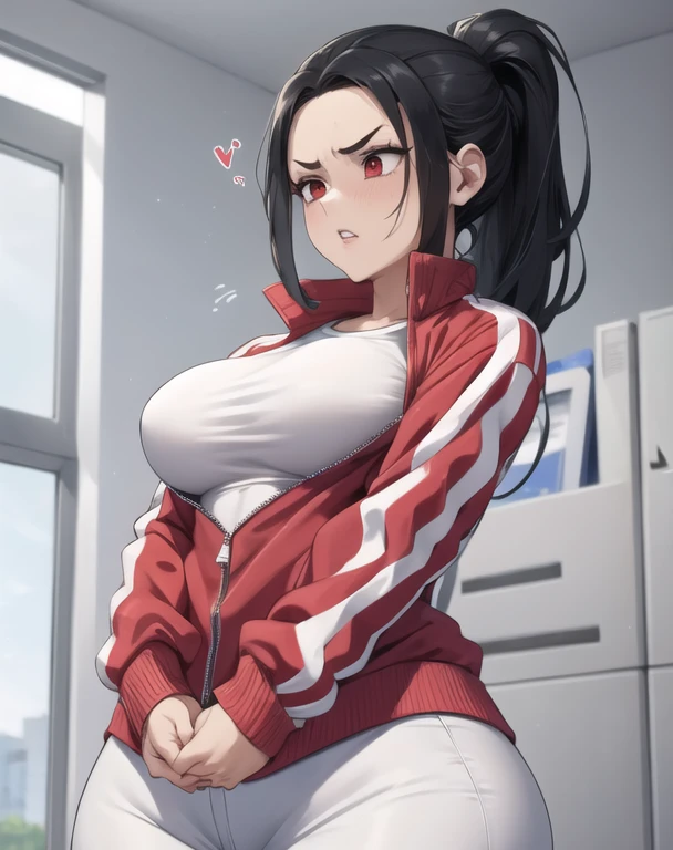 (best quality), (masterpiece), 1 girl, early 20's, huge heavy breasts, busty, perky breasts, thick, thick lips, wide hips, thin waist, clothes tug, jacket tug, track jacket, undersized jacket, small jacket, white shirt, ponytail, red eyes, black hair, struggling to zip jacket, annoyed