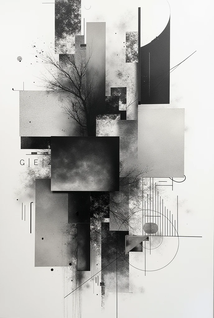 a collage of mixed media elements, abstract background, minimalistic, monochrome, graphic design, Creative composition, unique perspective, impressive visual impact, complex textures, bold lines, geometric forms, clean aesthetics, Beautiful balance, Dynamic Layout, visually appealling