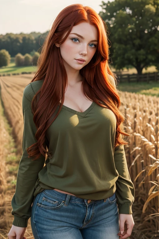 Young country woman, long red hair, greeneyes, sexy and robust body. Her expression is shy, She is blushing with embarrassment., She is wearing casual clothes. Harvest scene.