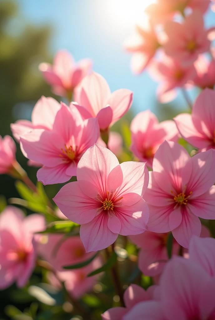 A profusion of pink flowers, bathed in sunlight. Nature, beautiful in every detail. Realistic flowers.