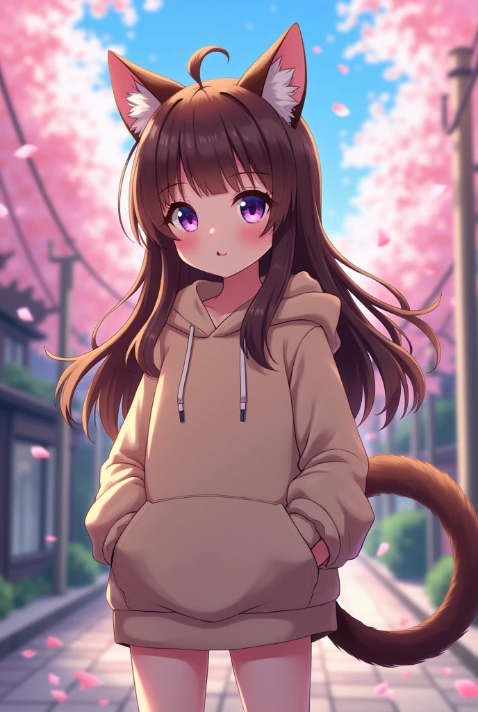 anime, long brown hair, neko girl with purple eyes, teenager, innocent, wearing a hoodie, fluffy brown cat tail