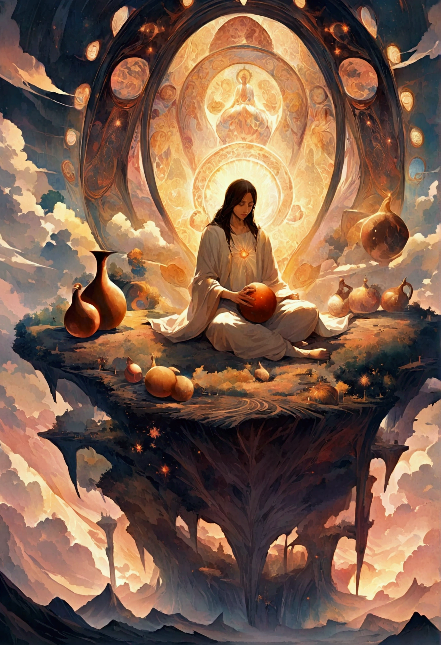 Divine Moment: Jesus Christ sitting peacefully with a mate gourd, surrounded by a surreal, ethereal light or cloud. The setting could be an otherworldly landscape or an abstract space with floating symbols or patterns.
