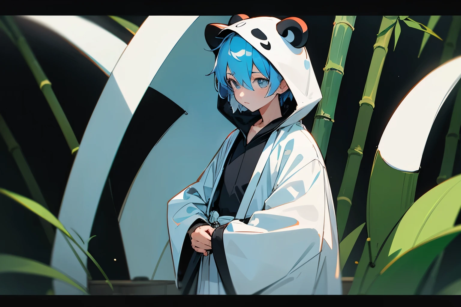 1 boy, about 20 years old, panda kigurumi with panda ear hood, looking down, positioned towards the right, facing left, ink wash painting, black and white, light blue hair, cool, Japanese style, bamboo in the background