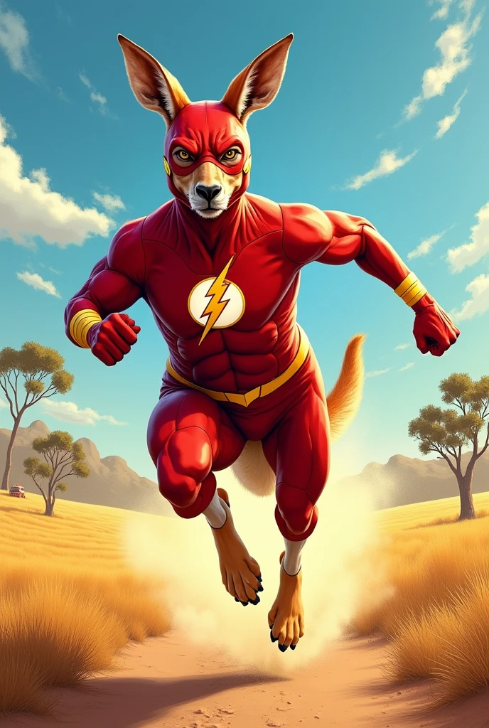 Un kangourou portant le costume de Flash en train de courir