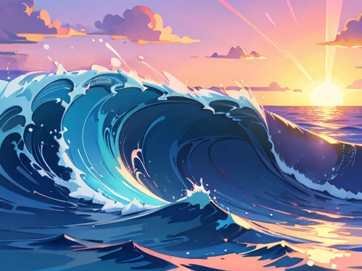 an image of a massive pipeline wave crashing in the ocean, with a deep blue color and foamy white crest, under the soft light of sunrise. The wave should curl over dramatically, with the shades of pink, orange, and purple as the sun is just beginning to rise on the horizon, casting a warm glow over the scene