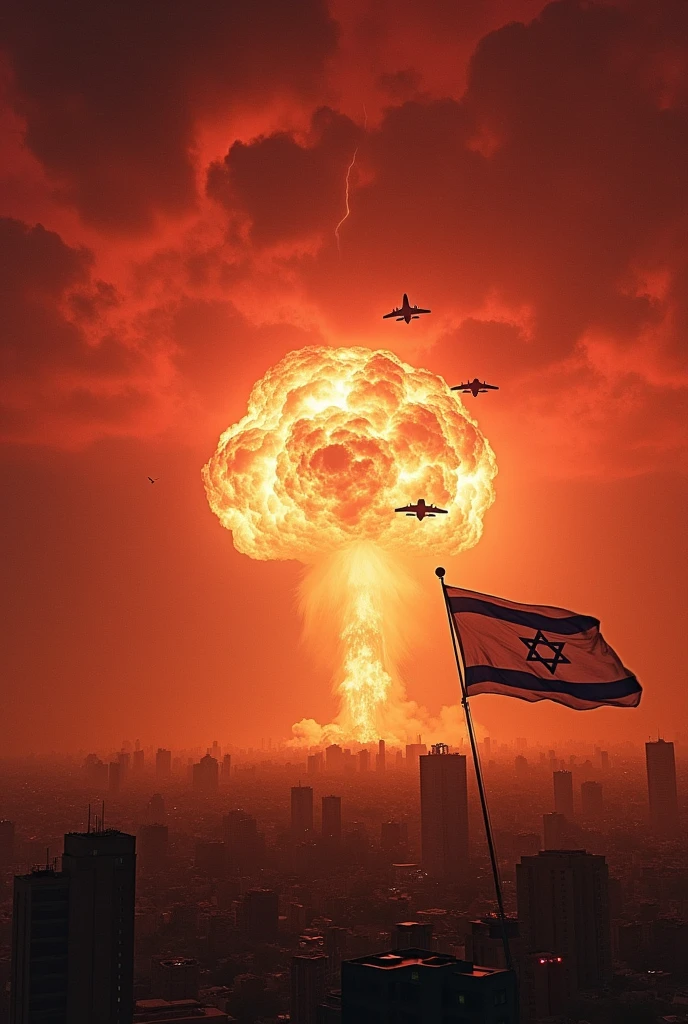 There was a bombing in the middle of the Israeli city, with 5 large atomic bomb explosions. There was a huge lightning strike in the sky, with red clouds, and a piece of fabric with the image of Israel on it was torn apart and fell to the ground. Many buildings were damaged, dust was thrown into the air, and there were bomber planes flying in the sky.