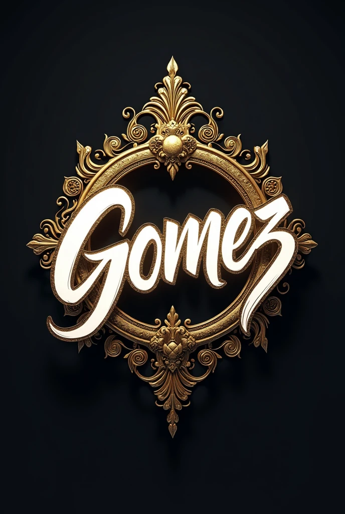 a minimalist DJ logo of the name "gomez" in large, cursive, white letters with a golden border, innovative and stylized like afterlife, NO BACKGROUND, comic book graphic style, 2d, 8k, hyperrealism, masterpiece, High resolution, Best Quality, ultra detailed, Super realistic, Hyperrealistic art, high quality, ultra high resolution, more detailed, many details, Extremely high resolution details, incredibly realistic, soft cinematic light,