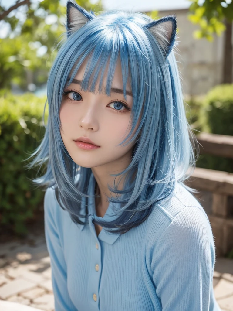 Masterpiece, best quality, ai-generated, cat ear,1 girl,light Blue shaggy cut hair,curly hair, cowboy shot,