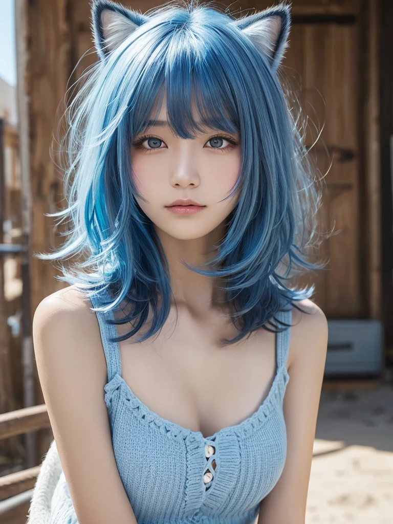Masterpiece, best quality, ai-generated, cat ear,1 girl,light Blue shaggy cut hair,curly hair, cowboy shot,