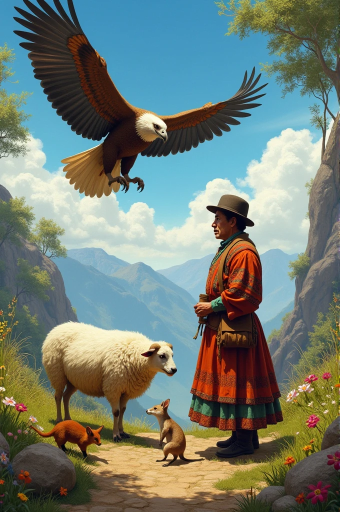 drawing to paint of a condor, a sheep with its shepherd, a mouse, a fox and a cholita
