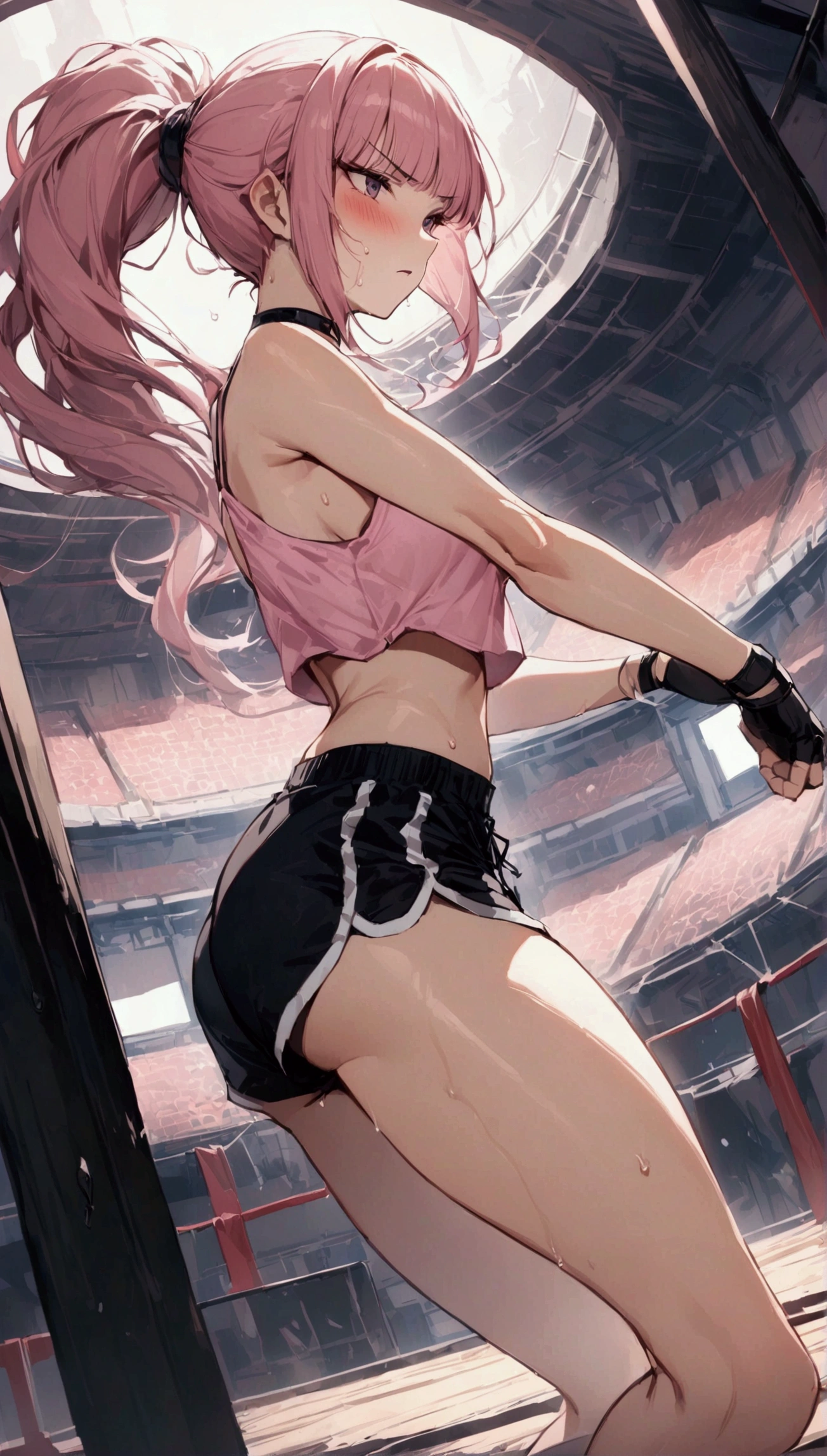 {{masterpiece}}, {{{Highest quality}}},{{Very detailed}}{{female martial artist}},{{Female fighters fighting in a martial arts match..}},{{during a match}},solo,1girl, {{Very slim legs:1.2}},slim body,{{}},{{}},Mature Women,Dynamic composition、Dutch Angle,from side,Focus on thighs,,v-shaped eyebrows.profound,Bad mood,blush,Sweat,{{clavicle:1.4}},{{}},,choker,,,,black fingerless gloves,dolphin shorts, pink hair,Pink camisole, long hair,ponytail Blunt bangs,high-cut sneakers,{{On the ring:1.4}},Small Arena