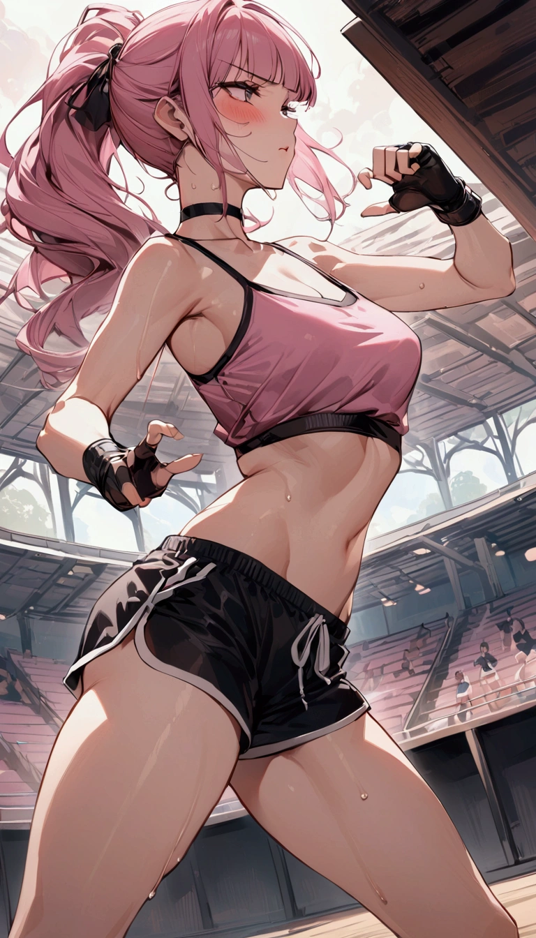 {{masterpiece}}, {{{Highest quality}}},{{Very detailed}}{{female martial artist}},{{Female fighters fighting in a martial arts match..}},{{during a match}},solo,1girl, {{Very slim legs:1.2}},slim body,{{}},{{}},Mature Women,Dynamic composition、Dutch Angle,from side,Focus on thighs,,v-shaped eyebrows.profound,Bad mood,blush,Sweat,{{clavicle:1.4}},{{}},,choker,,,,black fingerless gloves,dolphin shorts, pink hair,Pink camisole, long hair,ponytail Blunt bangs,high-cut sneakers,{{On the ring:1.4}},Small Arena