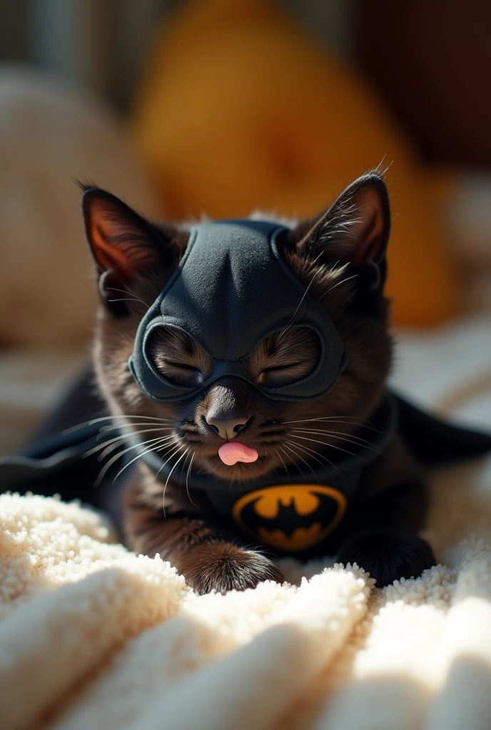 Make me a baby cat (animal) Lying with his tongue sticking out, wearing a Batman costume, in a room with short fur, sleeping with a Batman mask on, a black cat with its eyes closed, no plush toys.