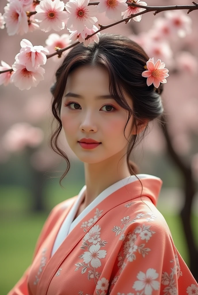 An elegantly dressed Japanese woman in natural light、A close-up of her chest and calm expression.、It shows her inner peace and outer charm.。
