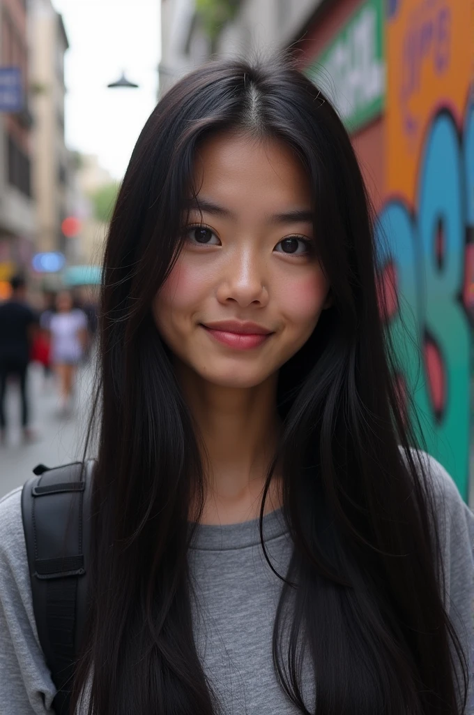 teenager girl, have straight, long, black hair. big, almond, dark brown eyes. round face, thick eyebrows, short eyelash, big and flat nose, thin mouth, neutral skin tone