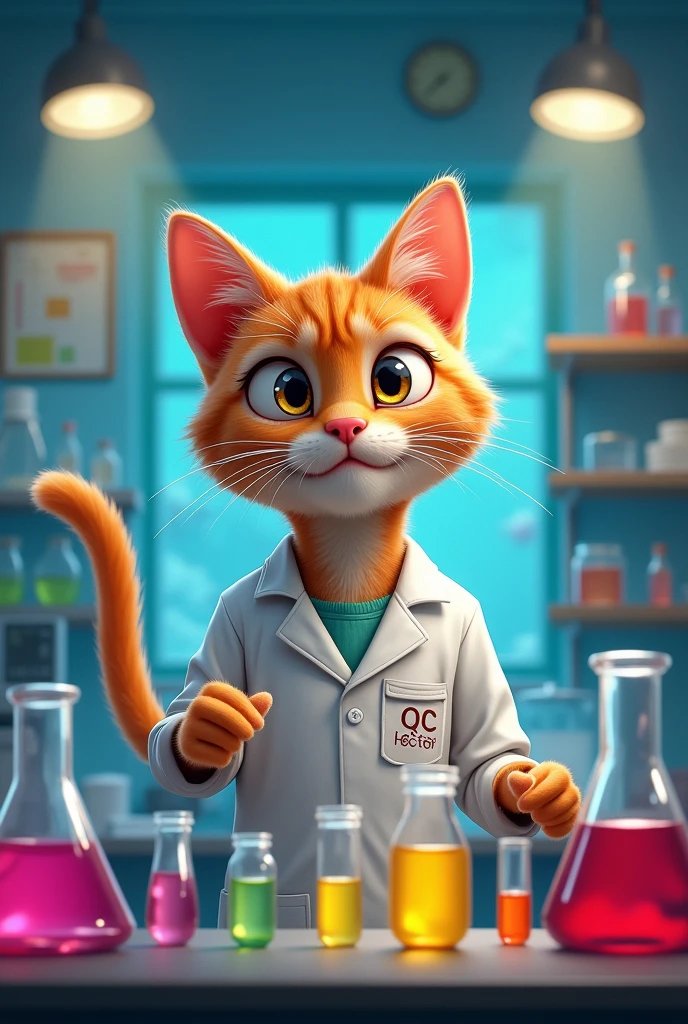 Orange male cat wearing a lab coat that says "QC Héctor"  in the lab processing samples 