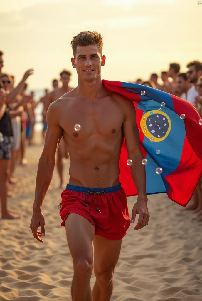 young, beautiful, elegant, white, skinny, elegant shirtless face standing, ,sin remera en la playa boxer Rojo white y azul playera y una bandera Paraguay que lleva mientras muchos publico le aplaude y celebra con muchas burbuja en su alrrededor pasarela masculina hombre guapo