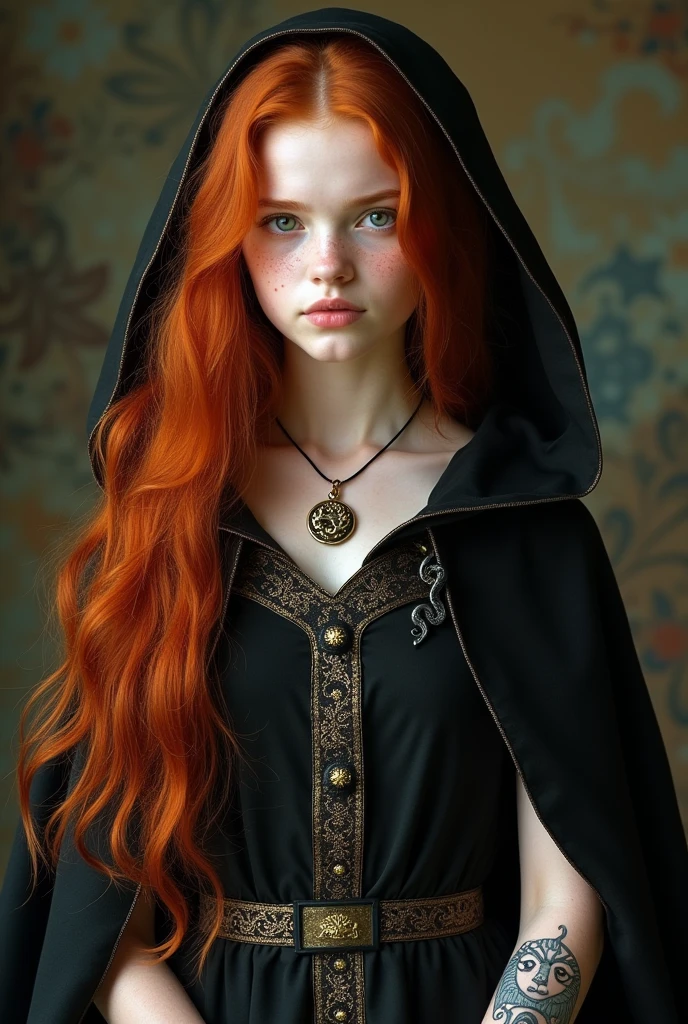 Helena looks like a young girl and has long red hair and freckles all over her body. Her skin is so pale that it is almost white, and her arms are marked with demonic symbols. Her clothes are classic, with long black cloaks with gold trim and a hood, and she wears the symbol of the Goetia family around her neck, with no neckline.