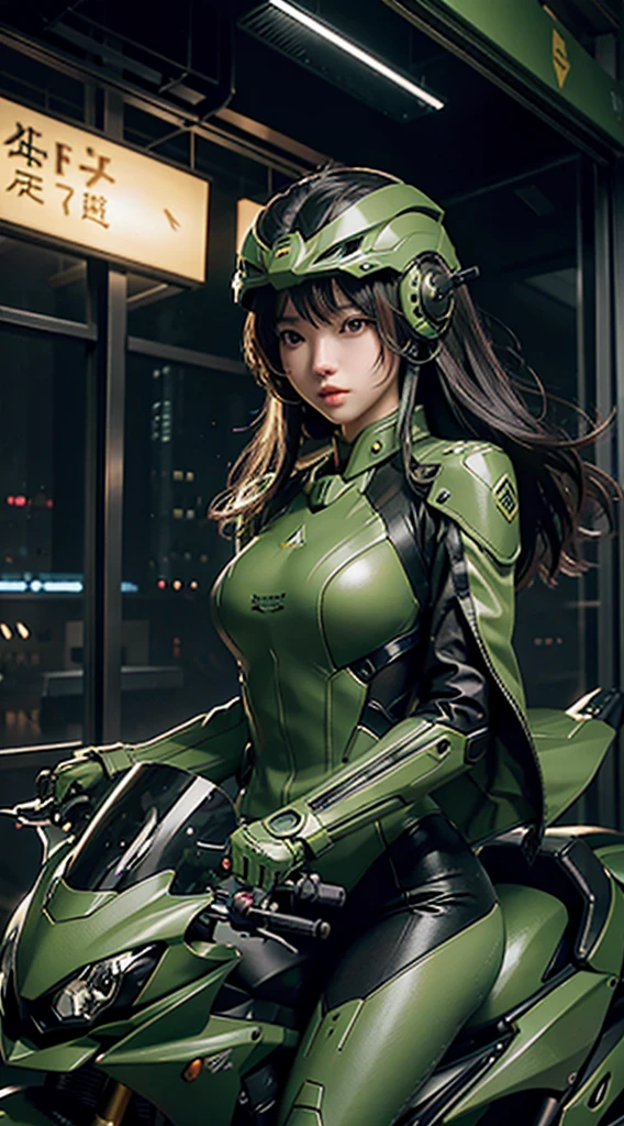 The highest image quality, pending details, ultra-high resolution, (真实感: 1.4), the best illustration, favor details, Highly condensed 1girl, with a delicate and beautiful face, dressed in a black and green mecha, wearing a mecha helmet, holding a directional controller, riding a motorcycle, the background is a high-tech lighting scene of the future city.