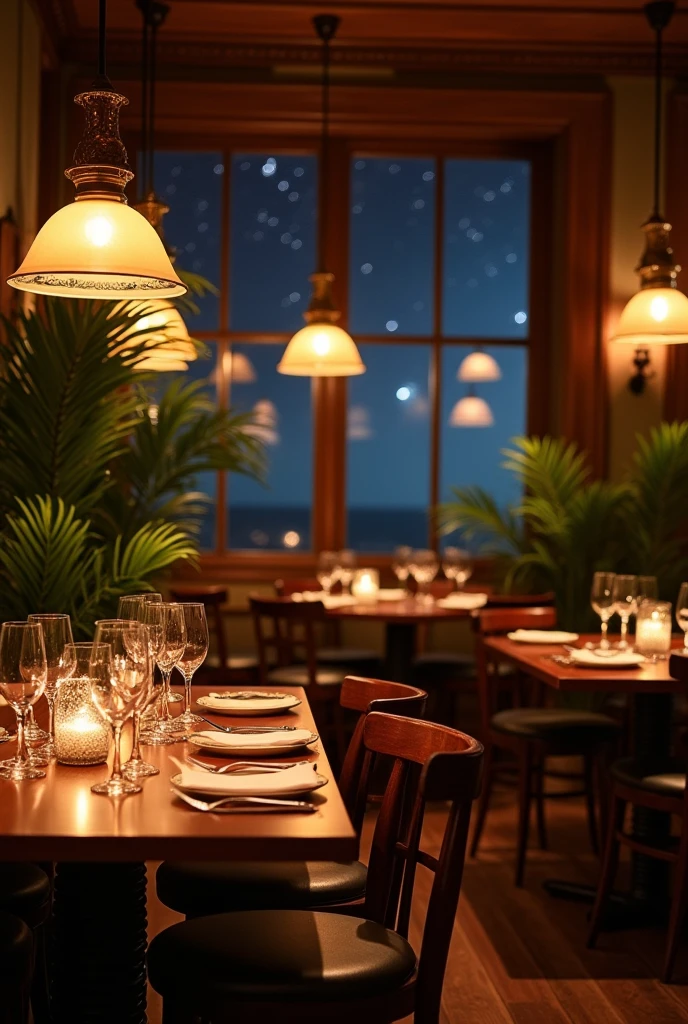 Restaurant with warm light without people in the background
